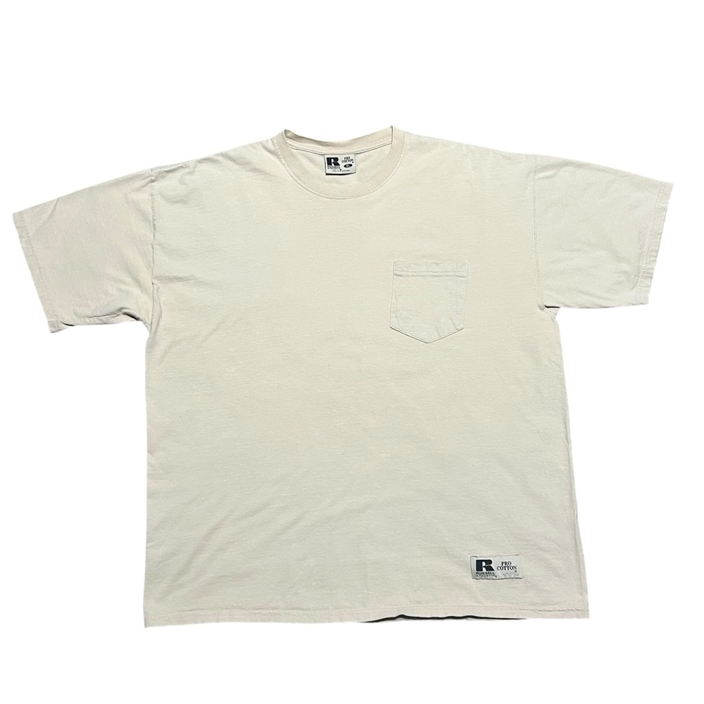 Vintage Russell Athletic Men’s Light Tan Blank Pro Cotton Pocket T-Shirt Size XL